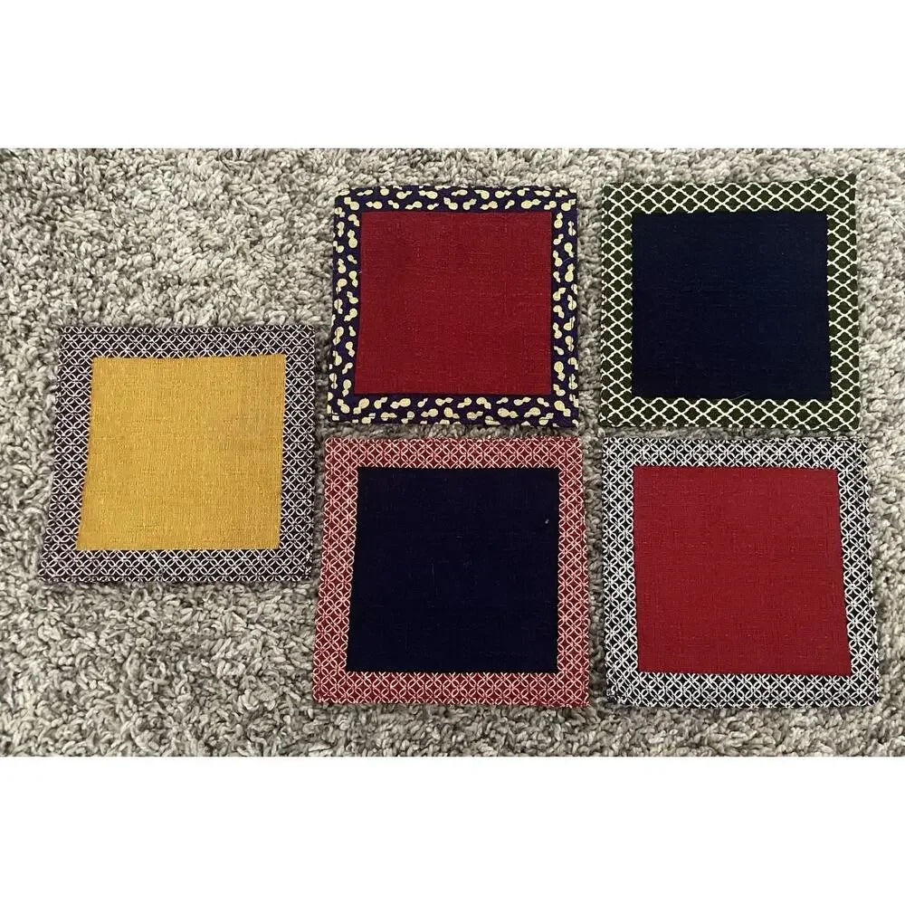 Vintage Handmade Japanese Fabric 4.5” Coasters Set of 5 Animals Rabbit Owl Cat